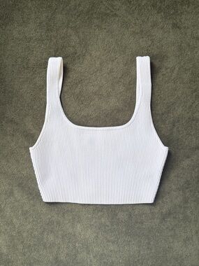 Babaton Ribbed White Square Neck Tank Crop Top